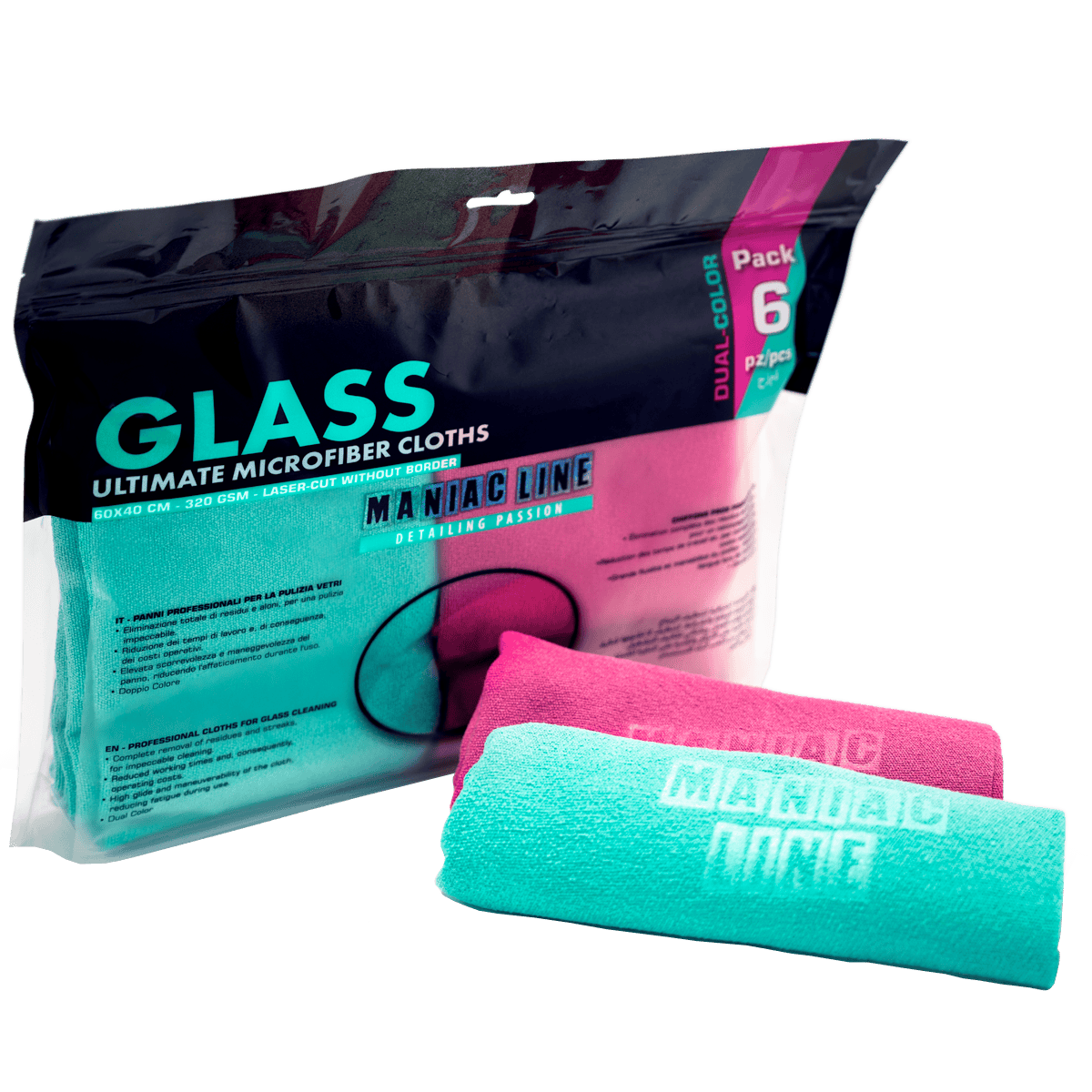 Maniac Glass Towel – סט 6 מטליות לשמשות (ורוד / ירוק) 60×40 ס"מ 320 GSM