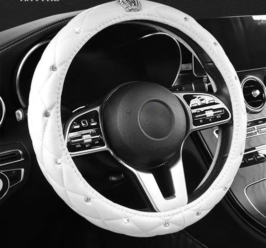 כיסוי הגה דמוי עור לבן עם נצנצים מידה M